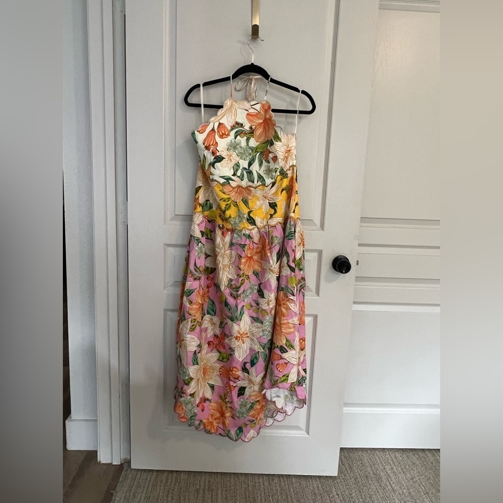 Farm Rio Guaragarden Euroflax Linen Midi Dress Yellow Pink XL NWT - Picture 3 of 13